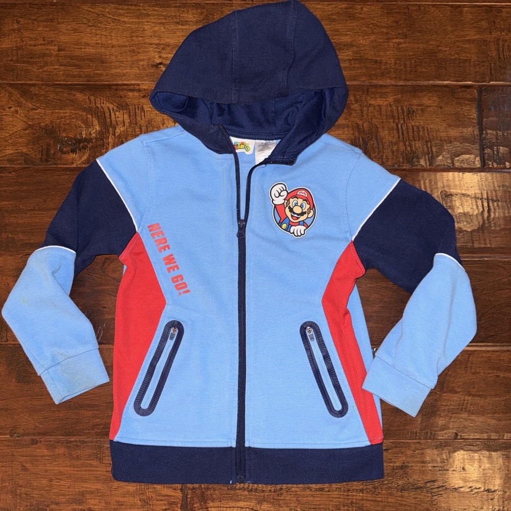 Nintendo Super Mario Bros Boys Hoodie Sweatshirt Costume Jacket Blue Sz 6/7